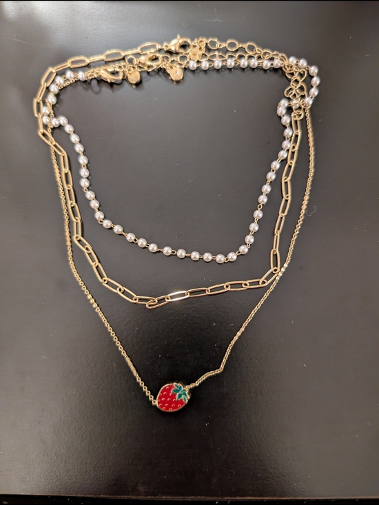 Jewelry - Gold Layered Necklace Set with Pearl Strand and Red Strawberry Pendant
